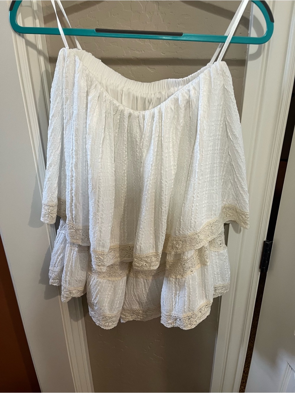 White Boho Tiered Off-Shoulder Lace Trim Top